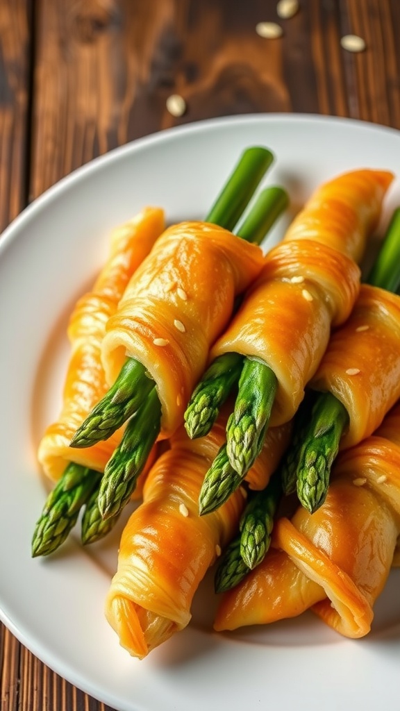 Crispy asparagus wrapped in puff pastry on a plate with sesame seeds garnish.